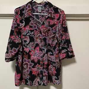 Catherines, short sleeve black button-down blouse w/pink paisley, size 0X (14/16